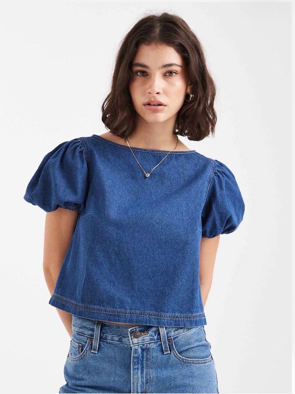 NWOT- ASOS Miss Selfridge Denim Puff-Sleeve Top - Medium Blue